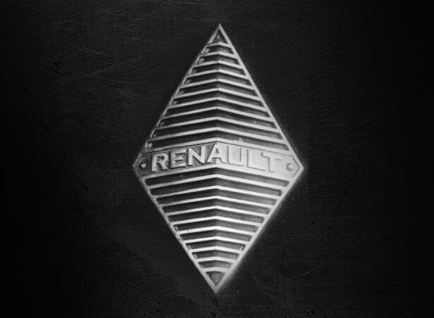 Fotografia em preto e branco de uma das primeiras versões do logo da Renault em formato de diamante. 
